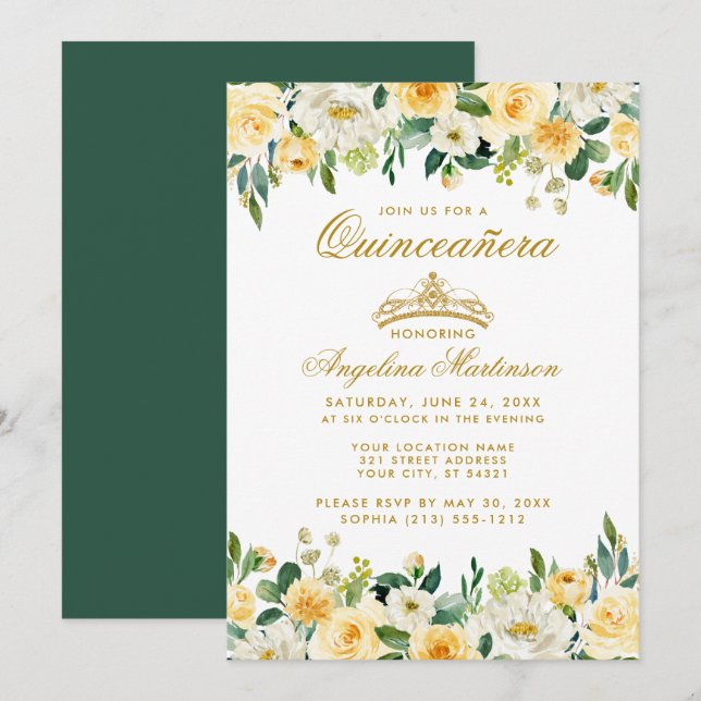 Quinceanera Yellow Gold Green Floral Crown Einladu Einladung (Vorne/Hinten)