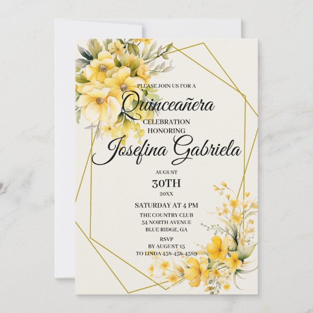 Quinceañera Yellow Gold Invitation (Devant)