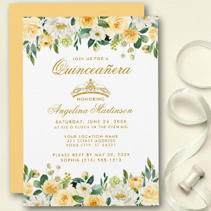 Quinceanera Yellow Gold Weiße Blütenkrone Einladun Einladung