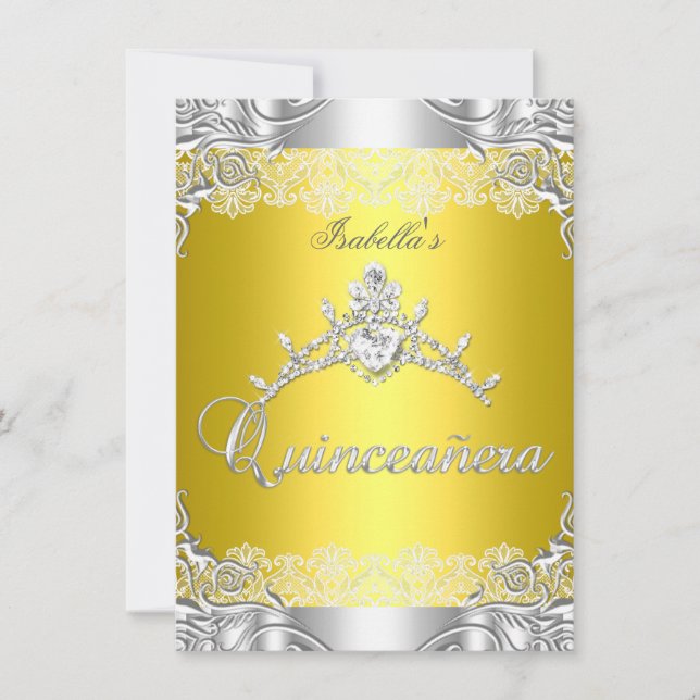Quinceanera Yellow Silver Diamond Tiara 15. Party Einladung (Vorderseite)