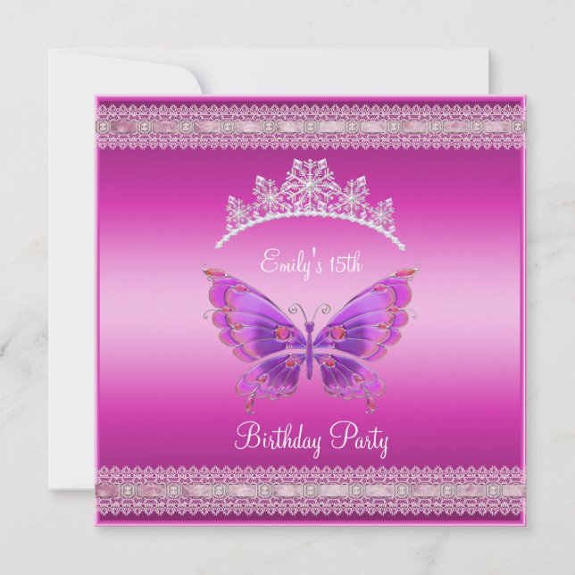Quincenera 15. Fushia Pink Silver Tiara Butterfly Einladung (Vorderseite)