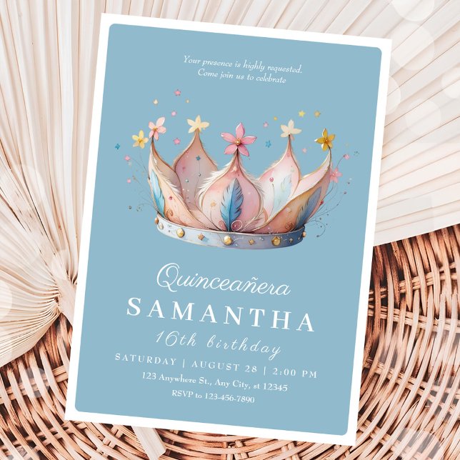 Quinceñera 16 Royal Blue Floral Gold Crown Einladung (Von Creator hochgeladen)
