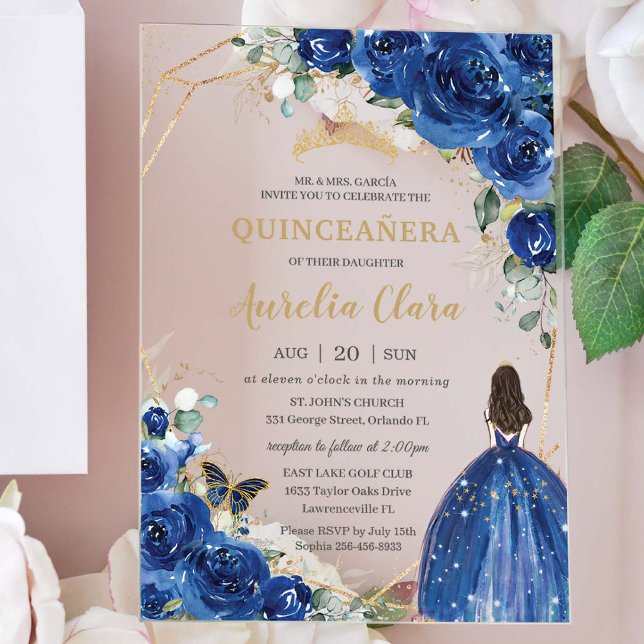 Quinceñera 16 Royal Blue Floral Gold Schmetterling Acryleinladungen (Von Creator hochgeladen)
