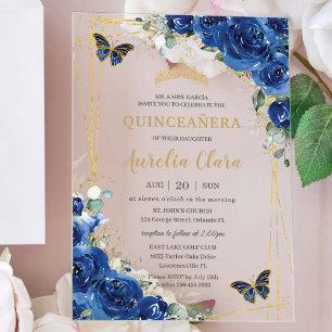 Quinceñera 16 Royal Blue Floral Gold Schmetterling Acryleinladungen