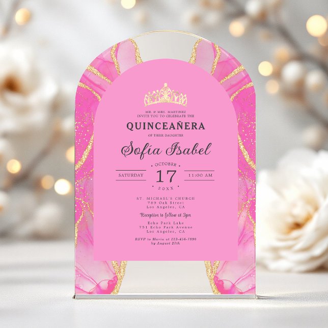 Quinceñera Blush Pink Gold Agate Elegante Acryleinladungen (Von Creator hochgeladen)