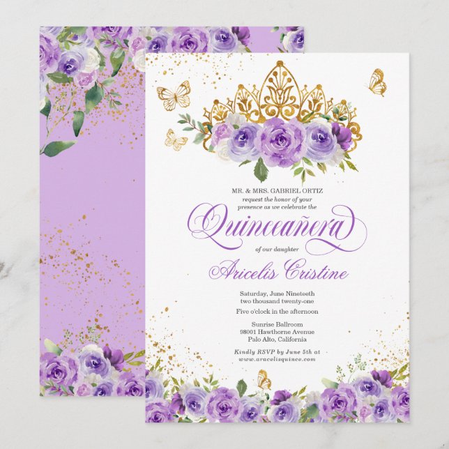 Quinceñera Butterfly & Lila Aquarellfarben Blume  Einladung (Vorne/Hinten)
