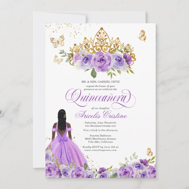 Quinceñera Butterfly & Lila Aquarellfarben Blume Einladung (Vorderseite)