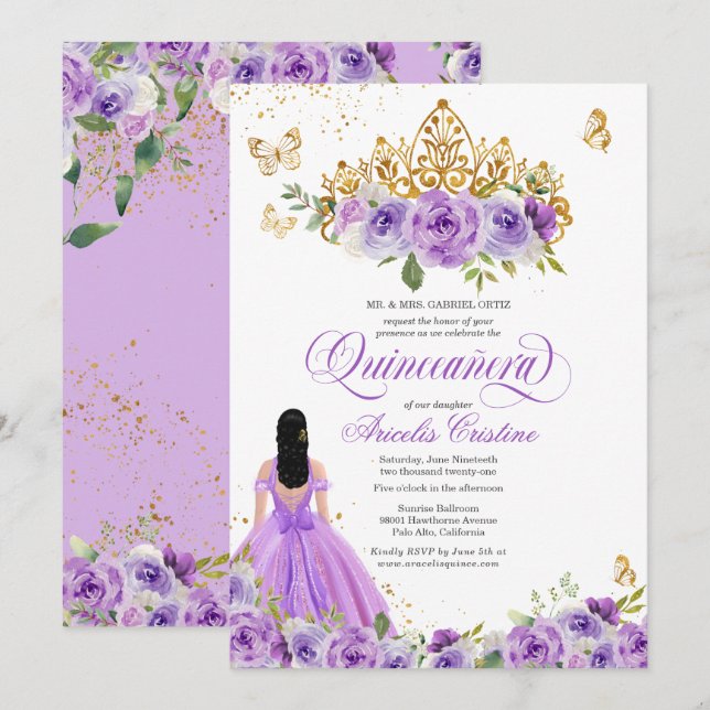 Quinceñera Butterfly & Lila Aquarellfarben Blume  Einladung (Vorne/Hinten)