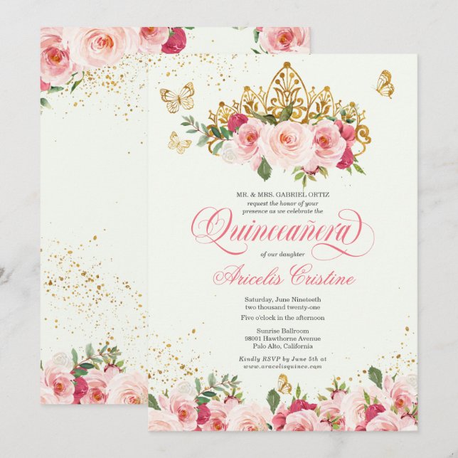 Quinceñera Butterfly Mint & Pink Aquarell Rose Einladung (Vorne/Hinten)