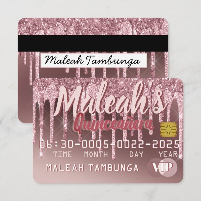 Quinceñera Dunkle Rose Gold & Pink Glitzer Tropfen Einladung (Vorne/Hinten)
