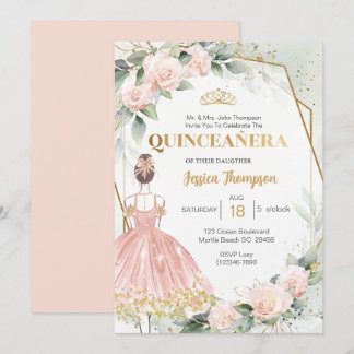 Quinceñera Elegante Rosa Rosa Gold Flora Einladung