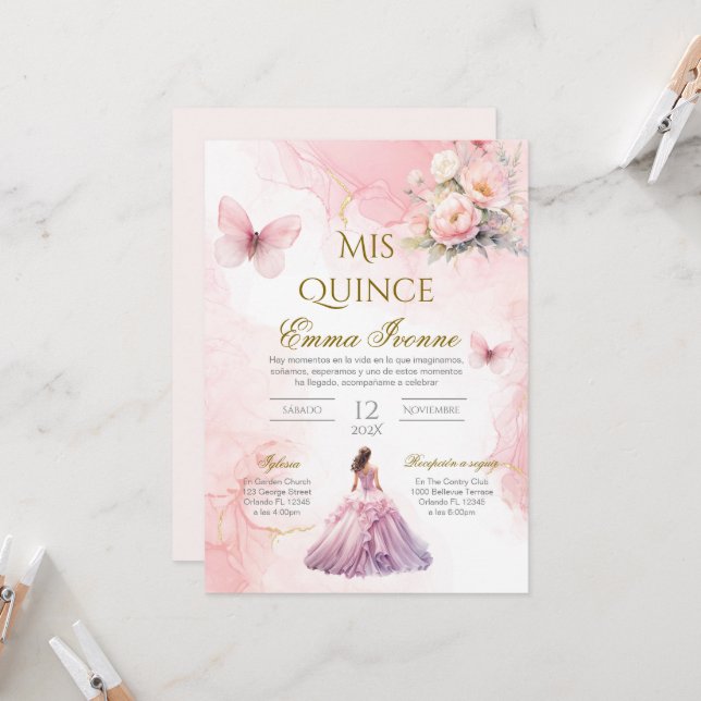 Quinceñera Invitation en espagnol rose floral (Devant/Arrière en situation)