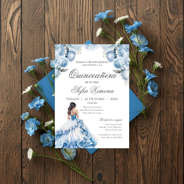 Quincenera Invitation in Spanish Blue Einladung (Von Creator hochgeladen)