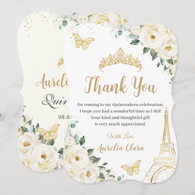 Quinceñera Ivory Floral Paris Eiffel Sweet 16 Dankeskarte (Vorne/Hinten)