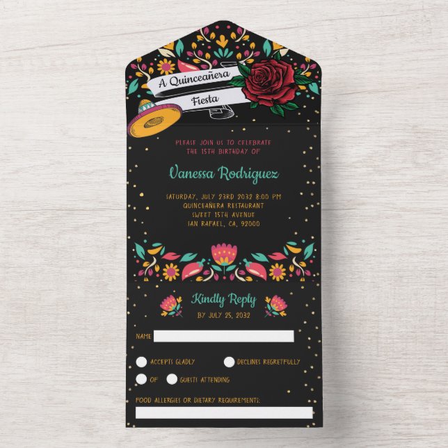 Quinceñera mexican fiesta Moderne rote Rose All In One Einladung (Innen Boden)