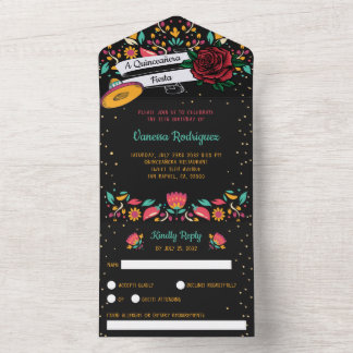 Quinceñera mexican fiesta Moderne rote Rose All In One Einladung