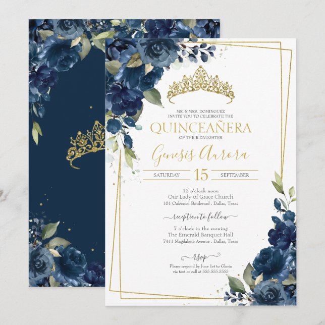 Quinceñera Navy Blue Elegante Wasserfarben Einladung (Vorne/Hinten)