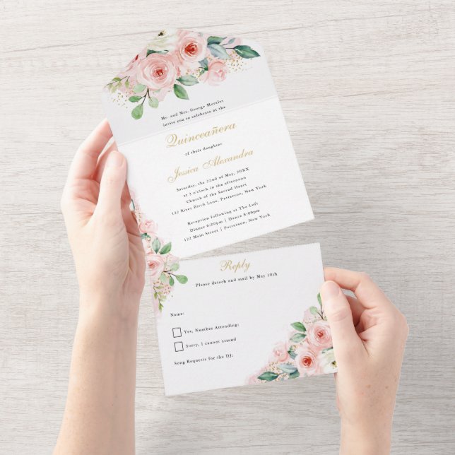 Quinceñera Pink und Gold Blume All In One Einladung (Abreißen)