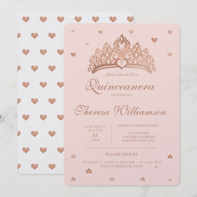 Quinceñera Princess Crown & Heart Rose Gold Einladung (Vorne/Hinten)