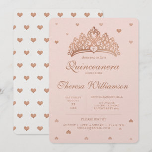Quinceñera Princess Crown & Heart Rose Gold Einladung