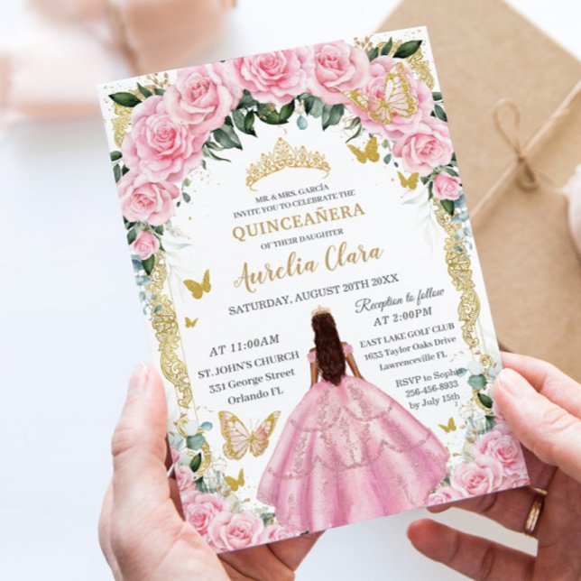 Quinceñera Princess Pink Rose Vintages Gold Einladung (Von Creator hochgeladen)