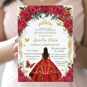 Quinceñera Princess Rote Rosen Bloral Vintag Gold Einladung