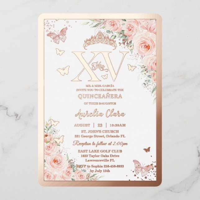 Quinceñera Quince 15 XV Blush Rose Gold Folieneinladung (Vorderseite)