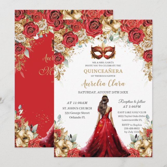 Quinceñera Red Gold Rose Blumenmasquerade Ball Einladung (Vorne/Hinten)