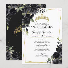 Quinceñera Schwarz & Gold Elegante Watercolor Einladung