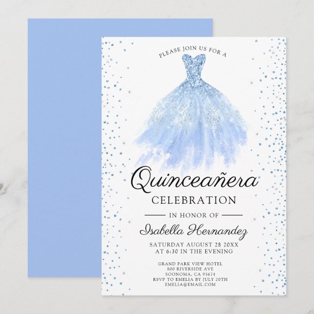Quineanera Blue Glitzer Gown Party Einladung (Vorne/Hinten)