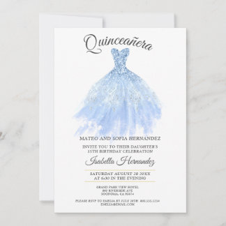 Quineanera Gold Glitzer Blue Gown Party Einladung