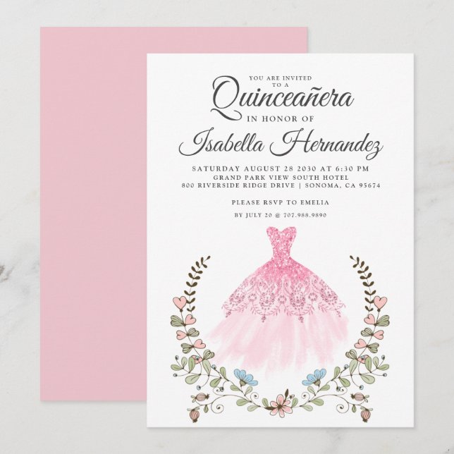 Quineanera Gown Dress Floral Pink Einladung (Vorne/Hinten)