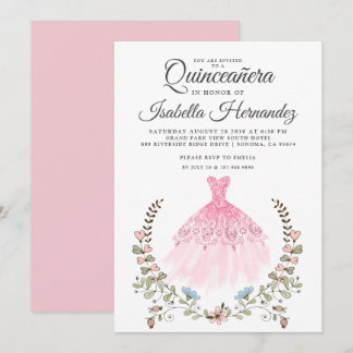 Quineanera Gown Dress Floral Pink Einladung