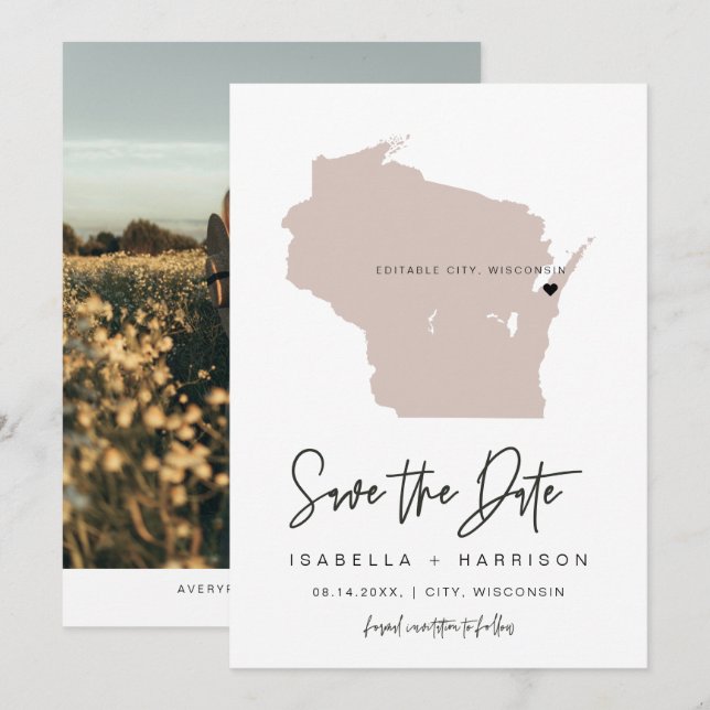 QUINN WISCONSIN Blush Pink Map Foto Save the Date Einladung (Vorne/Hinten)
