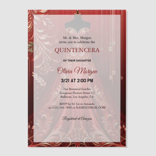 Quintencera Glam Red Robe Invitation de fête d'ann (Recto)