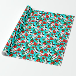 Quirky Black Dinosaurier und Poinsettias Weihnacht Geschenkpapier