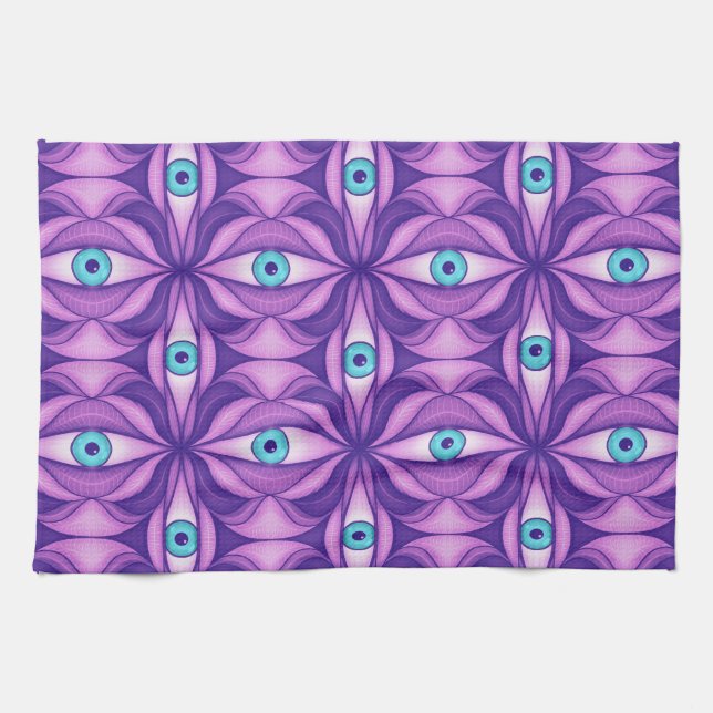 Quirky blaue Augen im mystischen Lila Muster Geschirrtuch (Horizontal)