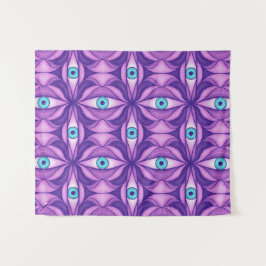 Quirky blaue Augen im mystischen Lila Muster Wandteppich