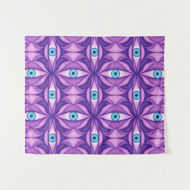Quirky blaue Augen im mystischen Lila Muster Wandteppich (Vorderseite (Horizontal))
