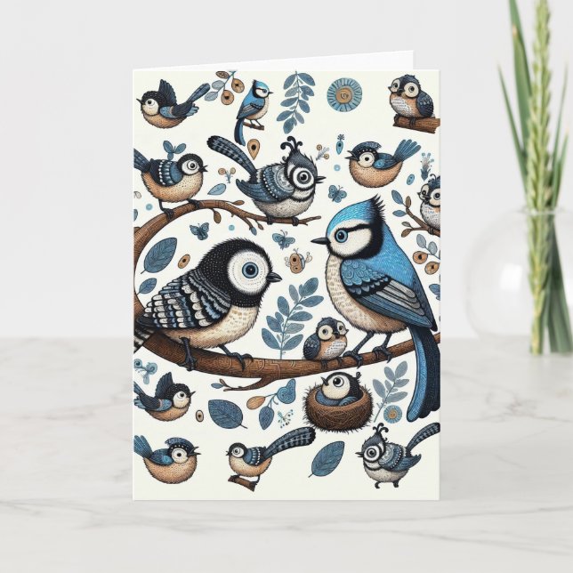 Quirky Blue Birds Karte (Vorderseite)