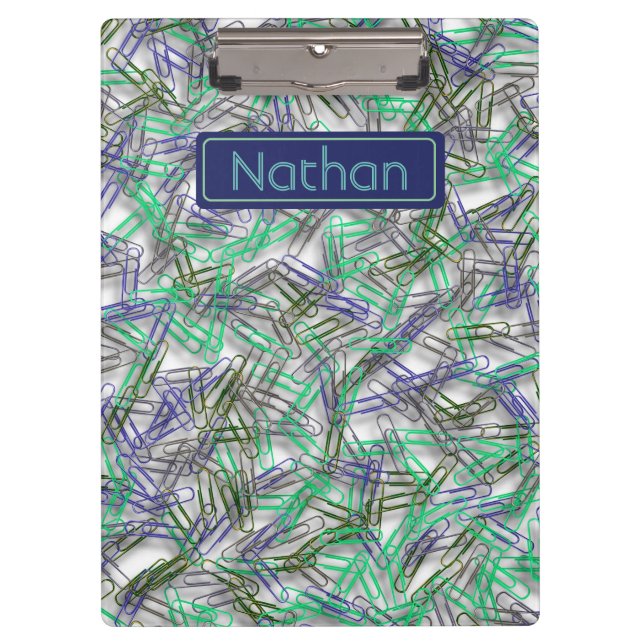 Quirky Blue Green Paperclips Personalisiert Klemmbrett (Vorderseite)
