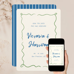Quirky Blue Hand gezogen Wavy Squiggle Border Save The Date