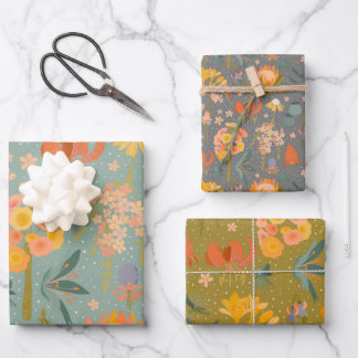 Quirky Botanicals 3 Pack Geschenkwrake Geschenkpapier Set