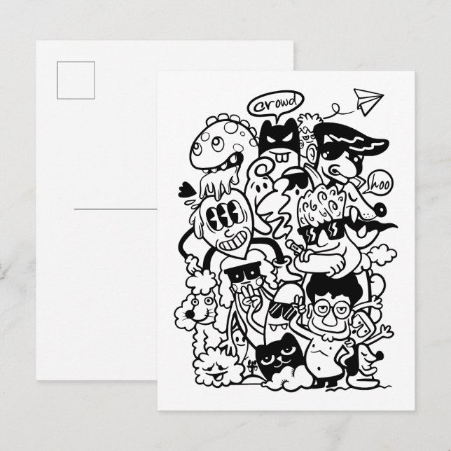 Quirky Cartoon Character Crowd Einladungspostkarte (Vorne/Hinten)