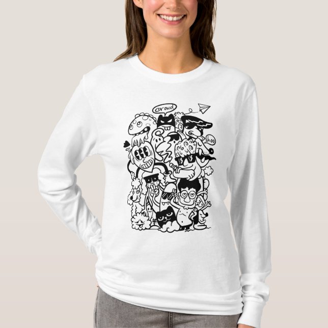 Quirky Cartoon Character Crowd T-Shirt (Vorderseite)