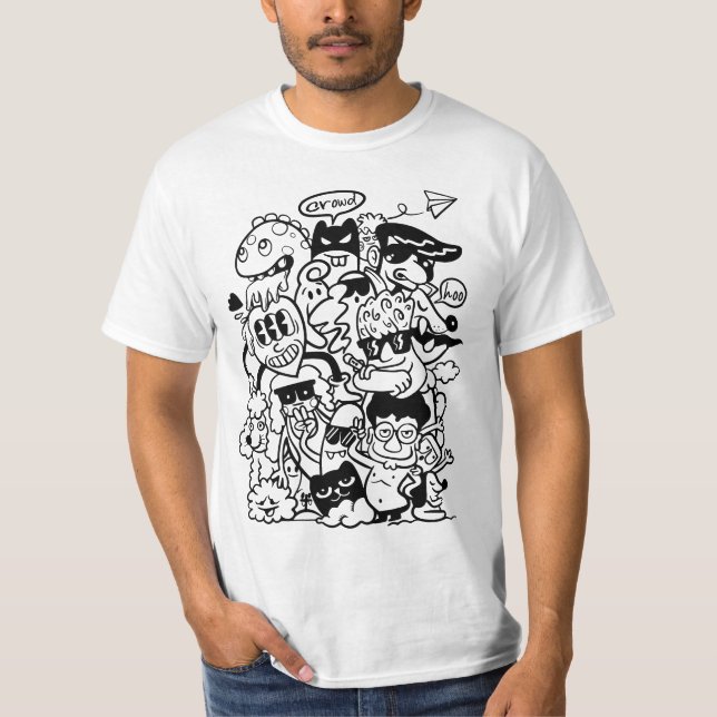 Quirky Cartoon Character Crowd T-Shirt (Vorderseite)