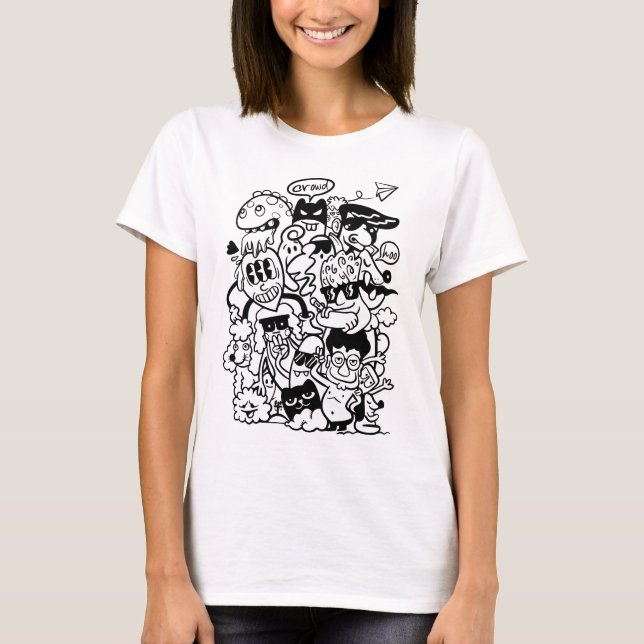 Quirky Cartoon Character Crowd T-Shirt (Vorderseite)