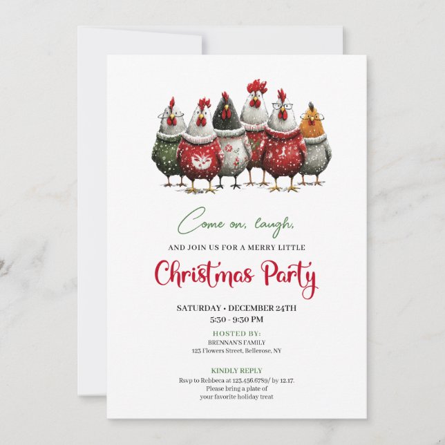 Quirky Chickens Cartoon Christmas Party Invitation Einladung (Vorderseite)