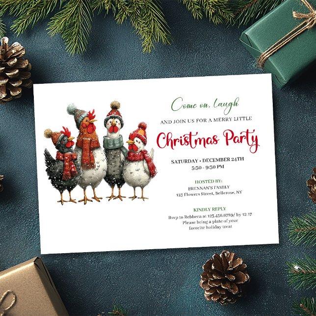 Quirky Chickens Watercolor Christmas Party Invites Einladung (Quirky Chickens Watercolor Christmas Party Editable)