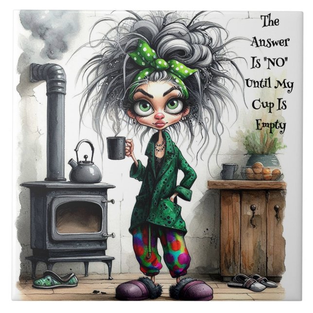 Quirky Coffee Lady Empty Cup Keramik Tile Fliese (Vorderseite)